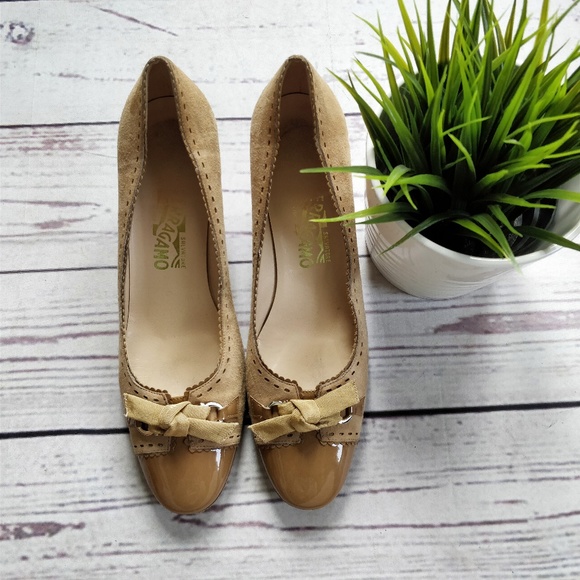 SALVATORE FERRAGAMO Beige Suede Patent Pumps, 8.5B - Picture 2 of 7